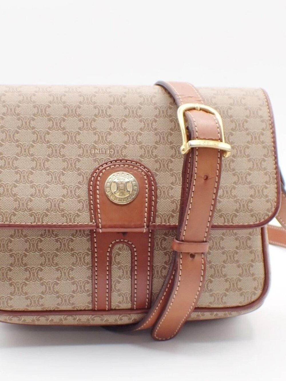 CELINE Logo Macadam Pattern Shoulder Bag PVC Leather Beige Italy 65KC571